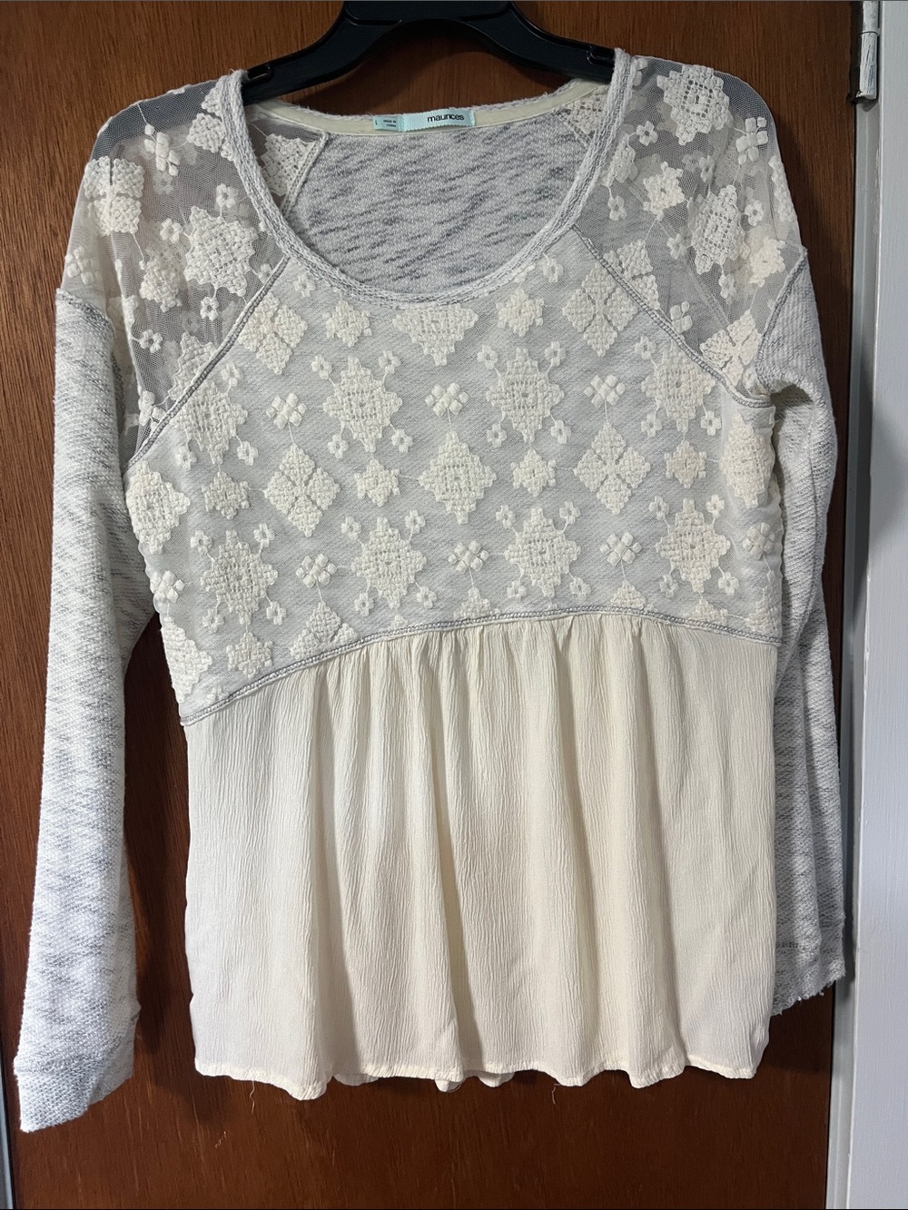 Maurices Cream Lace Yoke Mixed-Media Long Sleeve Top